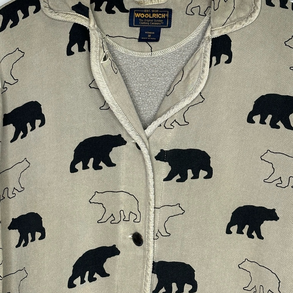 Woolrich Vintage Black Bear Buttoned Cotton Beige Collared Sweatshirt Jacket - Picture 7 of 13